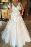 A Line V Neck Tulle Lace Applique Prom Dress with Beading Waist, Puffy Party Dress KPP0837