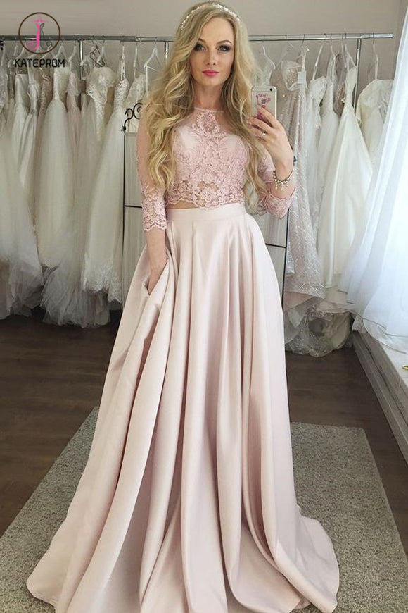 Pearl Pink Two Piece Prom Dress with Lace, 3/4 Sleeves Long Formal Dress with Pockets KPP0839