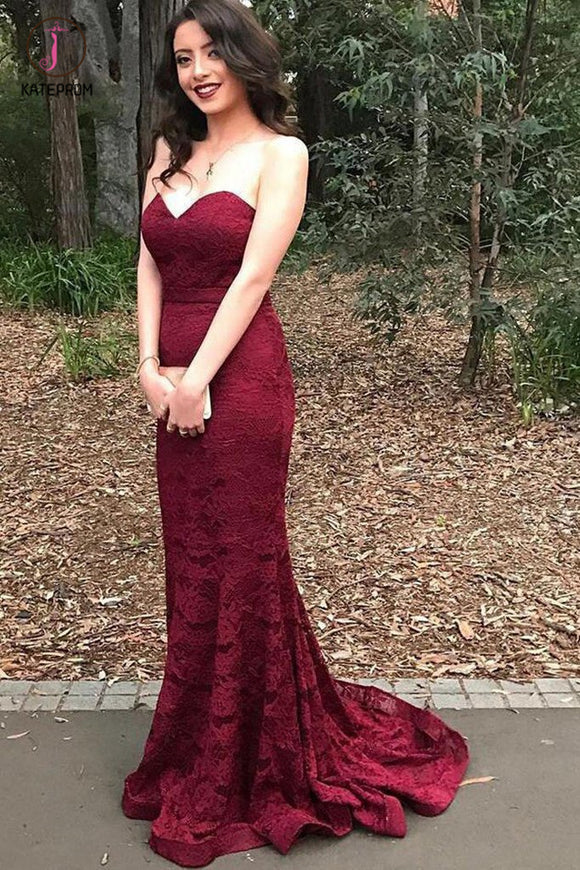 Burgundy Lace Prom Dress, Mermaid Sweetheart Strapless Lace Evening Dresses KPP0846