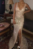 Sparkly Sequins Mermaid Prom Dress, V Neck Sleeveless Long Formal Dresses KPP0848