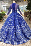 Blue Ball Gown Floral Prom Dress with Long Sleeves, Appliqued Long Quinceanera Dress KPP0851