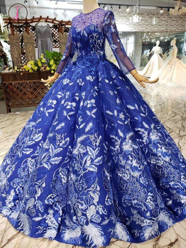 chinese dress ladies Classic Blue Sweet 16 Dress Extra Long Sleeve Royal Wedding Dresses 67 –  Viniodress main image 1