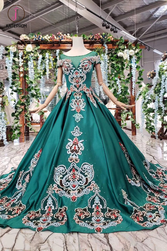 Green Ball Gown Appliqued Prom Dress with Short Sleeves Long Quinceanera Dress with Beading KPP0852