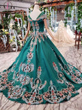 Green Ball Gown Appliqued Prom Dress with Short Sleeves Long Quinceanera Dress with Beading KPP0852