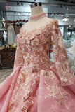Pink New Prom Dresses Long Sleeves Ball Gown With Applique&Beads Quinceanera Dress KPP0853