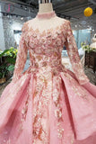 Pink New Prom Dresses Long Sleeves Ball Gown With Applique&Beads Quinceanera Dress KPP0853