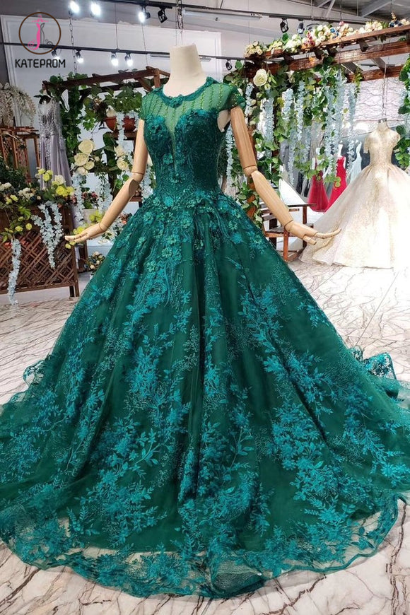 Dark Green Lace Ball Gown Prom Dress With Beads, Quinceanera Dress with Flowers KPP0854