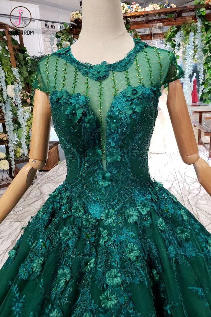 Dark Green Lace Ball Gown Prom Dress With Beads, Quinceanera Dress wit –  kateprom