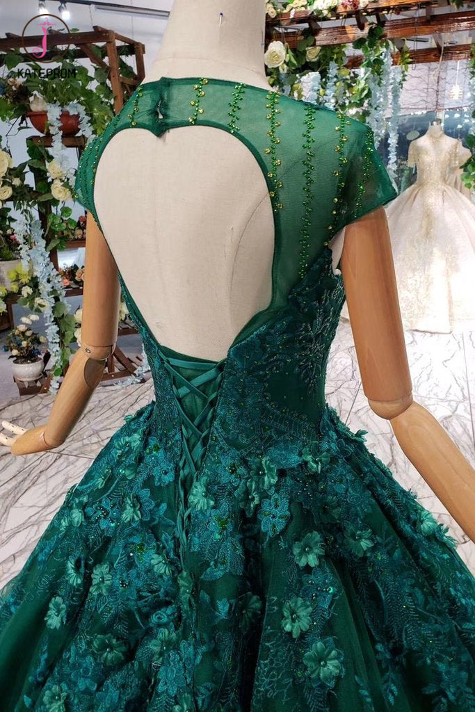 Dark Green Lace Ball Gown Prom Dress With Beads, Quinceanera Dress wit kateprom Dark Green Lace Ball Gown Prom Dress With Beads, Quinceanera Dress wit kateprom
