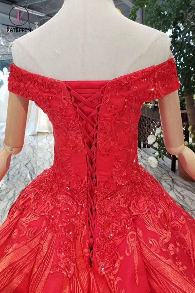 Red Off the Shoulder Puffy Prom Dress, Princess Dress with Lace Appliq –  kateprom