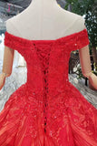 Red Off the Shoulder Puffy Prom Dress, Princess Dress with Lace Appliques Beads KPP0855