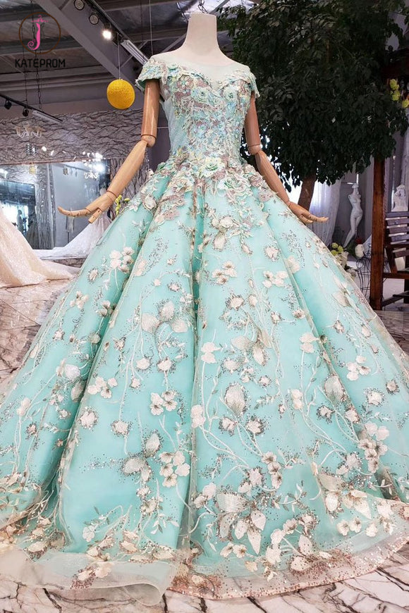 Big Sheer Neck Puffy Prom Dress with Cap Sleeves, Fairy Tale Lace Dress with Beading KPP0856