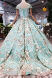Big Sheer Neck Puffy Prom Dress with Cap Sleeves, Fairy Tale Lace Dress with Beading KPP0856