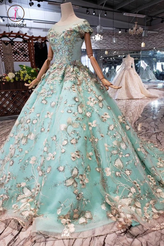 Big Sheer Neck Puffy Prom Dress with Cap Sleeves, Fairy Tale Lace Dres kateprom Big Sheer Neck Puffy Prom Dress with Cap Sleeves, Fairy Tale Lace Dres kateprom