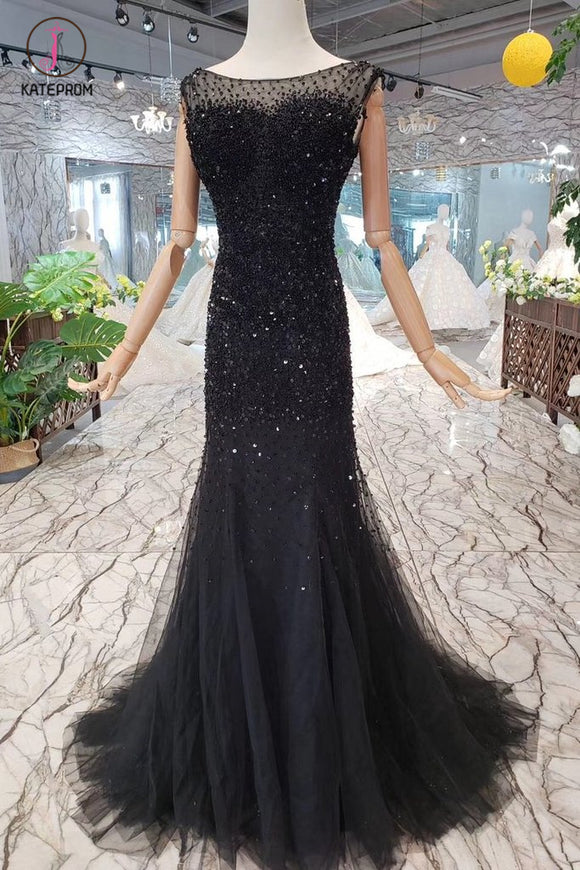 Black Mermaid Tulle Prom Dress with Sequins, Sparkly Sleeveless Evening Dresses KPP0857