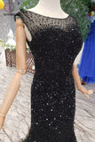 Black Mermaid Tulle Prom Dress with Sequins, Sparkly Sleeveless Evening Dresses KPP0857