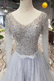 A Line Long Sleeves Tulle Prom Dress with Sequins, Sparkly V Neck Evening Dresses KPP0859