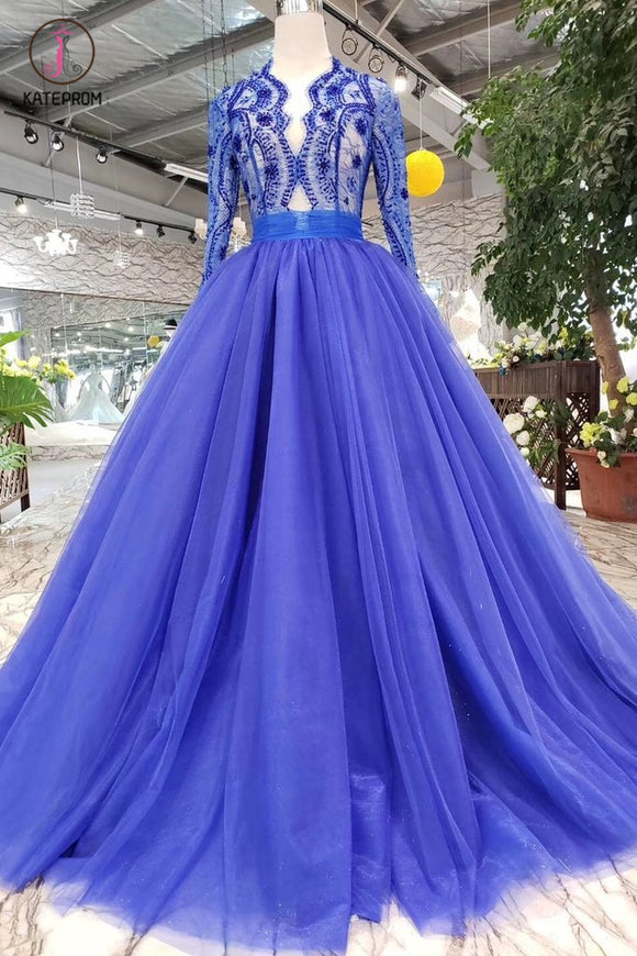 Royal Blue Long Sleeve Tulle Prom Dress with Lace, Long Party Dress with Beads KPP0860