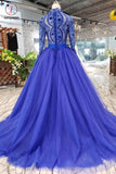 Royal Blue Long Sleeve Tulle Prom Dress with Lace, Long Party Dress with Beads KPP0860