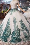 New Arrival Ball Gown Off the Shoulder Prom Dress with Green Appliques, Quinceanera Dress KPP0861