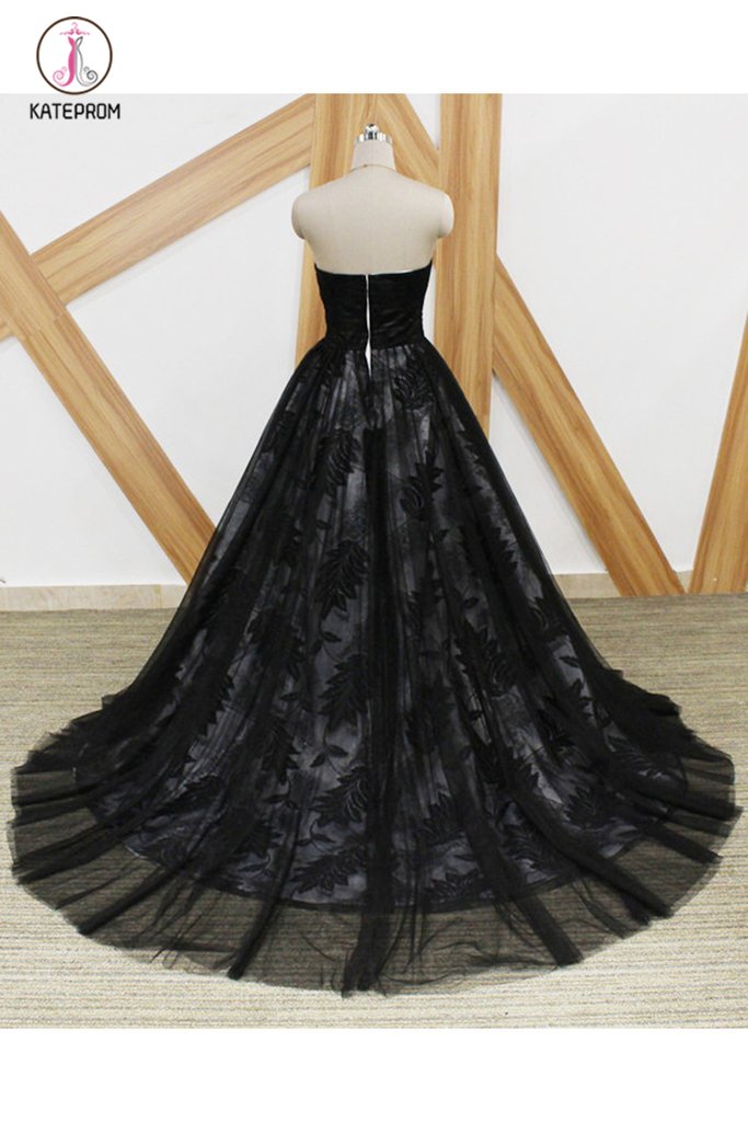 Black Lace Strapless Long Sweet 16 Prom Dress, Long Tulle Graduation D   kateprom