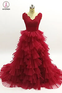 Burgundy Tulle Layered Long Evening Dress, A Line V Neck Tiered Tulle Prom Dress KPP0737
