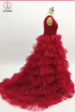 Burgundy Tulle Layered Long Evening Dress, A Line V Neck Tiered Tulle Prom Dress KPP0737