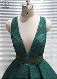 Shinny V Neck Green Sequined Ball Gown Long Prom Dresses, Quinceanera Dresses KPP0746