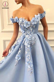 A Line Off the Shoulder Prom Dress with Flowers, Long Party Dress with Appliques KPP0819