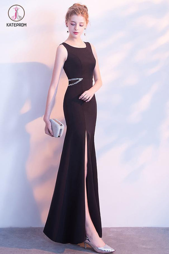 Black Mermaid Long Evening Dress with Side Slit, Floor Length Prom Dress with Beads KPP0697