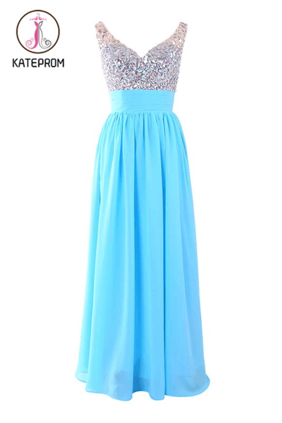 V-neck Chiffon Long Blue Prom/Evening Dress With Beading KPP0122