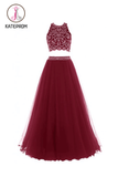 Two Piece Red Floor-Length Backless Tulle Long Prom/Party Dress KPP0124