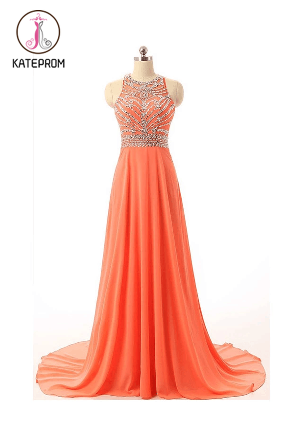 Chiffon Backless Orange Prom/Evening Dress With Beading KPP0125