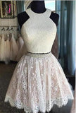 Two Piece Short White Lace Homecoming Dress with Pearls,Mini Dresses,Short Prom Dress KPH0102