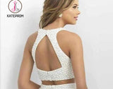 Two Piece Short White Lace Homecoming Dress with Pearls,Mini Dresses,Short Prom Dress KPH0102