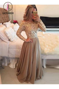 A-Line Sheer Neckline Long Prom Dresses,Floor Length Long Sleeves Evening Dress KPP0126