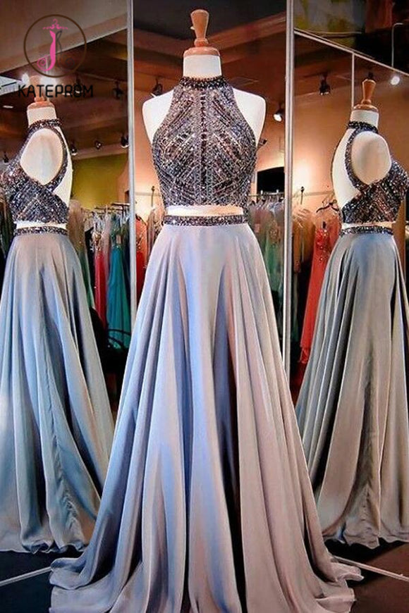Two Pieces A-line Sparkle High Neck Beading Long Prom/Evening Dress KPP0128