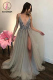 Gray Deep V-neck Side Slit Prom Dresses,Tulle Sleeveless Formal Dress With Sequins and Beads KPP0131