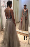 Gray Deep V-neck Side Slit Prom Dresses,Tulle Sleeveless Formal Dress With Sequins and Beads KPP0131