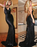 Sexy Spaghetti V-neck Long Mermaid Prom Dresses,Black Backless Sequin Prom Dress KPP0138