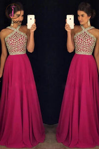 Rose Red Beaded Long Prom Dress for Teens,A line Chiffon Formal Dress KPP0140