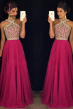 Rose Red Beaded Long Prom Dress for Teens,A line Chiffon Formal Dress KPP0140