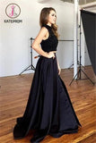 Two piece Black Satin Prom Dresses,A-line Sleeveless Long Evening Dress KPP0141
