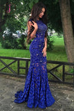 Royal Blue Jewel Sweep Train Lace Backless Mermaid Prom Dress with Beading KPP0144