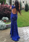 Royal Blue Jewel Sweep Train Lace Backless Mermaid Prom Dress with Beading KPP0144