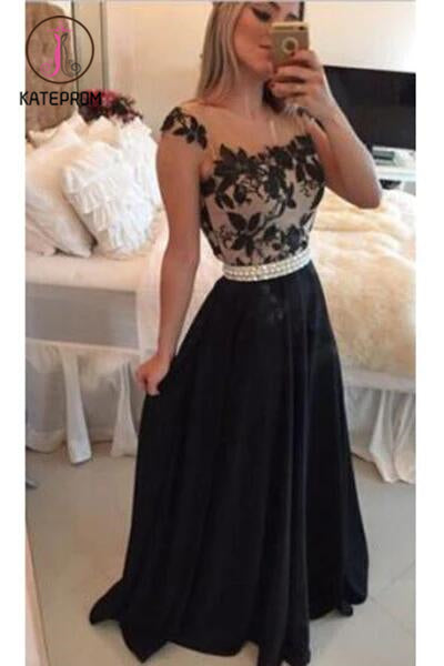 Sheer Lace Black Chiffon Backless Prom Gowns,Capped Sleeves Pearls Belt Evening Gowns KPP0145