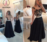 Sheer Lace Black Chiffon Backless Prom Gowns,Capped Sleeves Pearls Belt Evening Gowns KPP0145