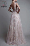 A-Line Deep V-Neck Sleeveless Tulle Lace Appliques Long Prom Dress KPP0147