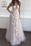 A-Line Deep V-Neck Sleeveless Tulle Lace Appliques Long Prom Dress KPP0147