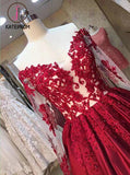 Long Sleeve Dress,Ball Gowns,Red Stain Prom Dresses with Appliques,Wedding Party Dress KPP0150